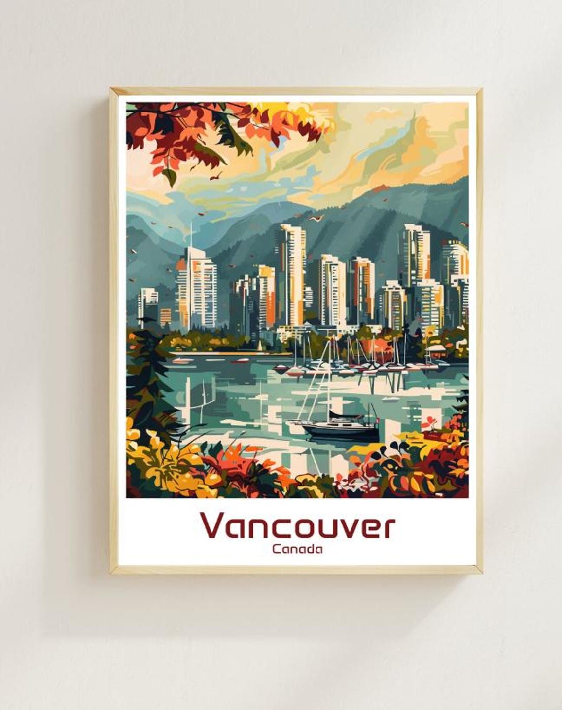 Vancouver Canada Skyline Harbor Mountain Fall Foliage Travel Poster