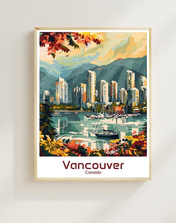 Vancouver Canada Skyline Harbor Mountain Fall Foliage Travel Poster