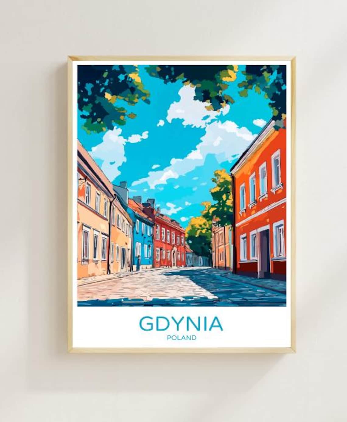 Gdynia Poland Vibrant Cobblestone Street Historic Old Town Poster