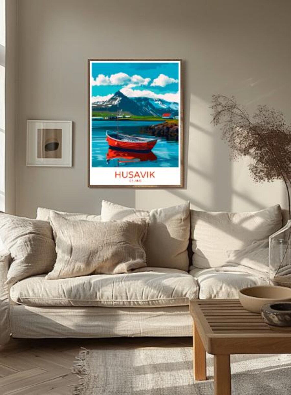 Husavik Iceland Red Fishing Boat Harbor Snowy Mountain Poster - Image 2