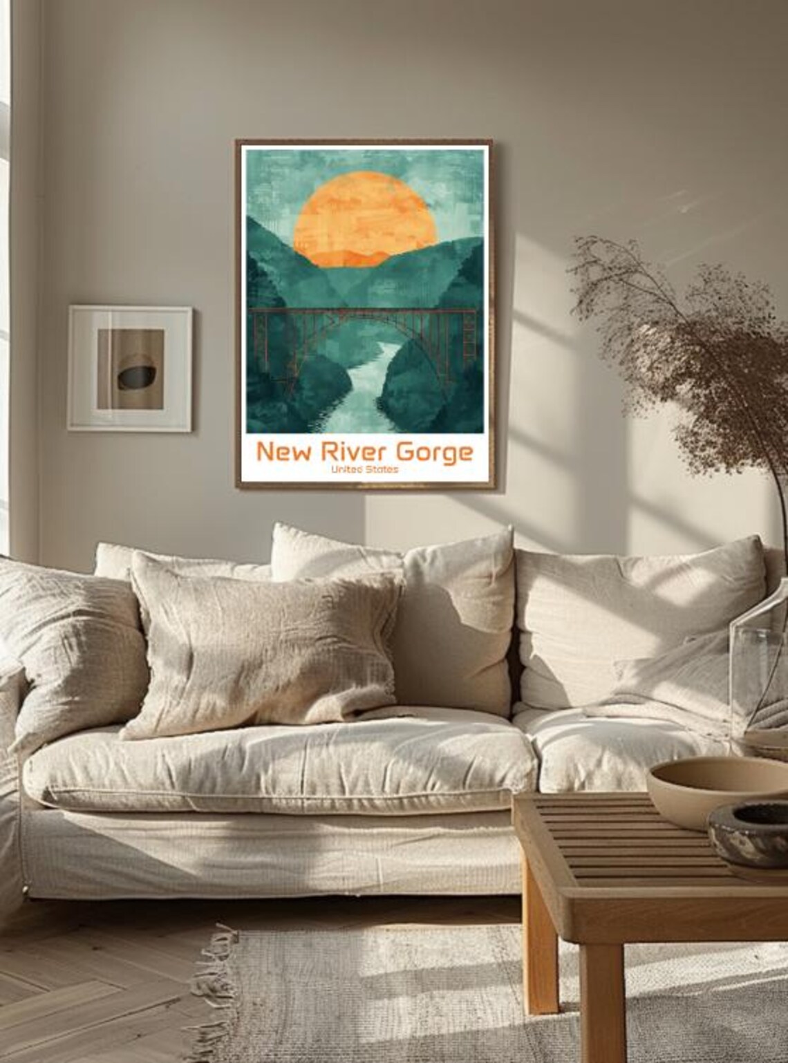 New River Gorge Steel Arch Bridge Sunset Illustrated Travel Poster - Image 3