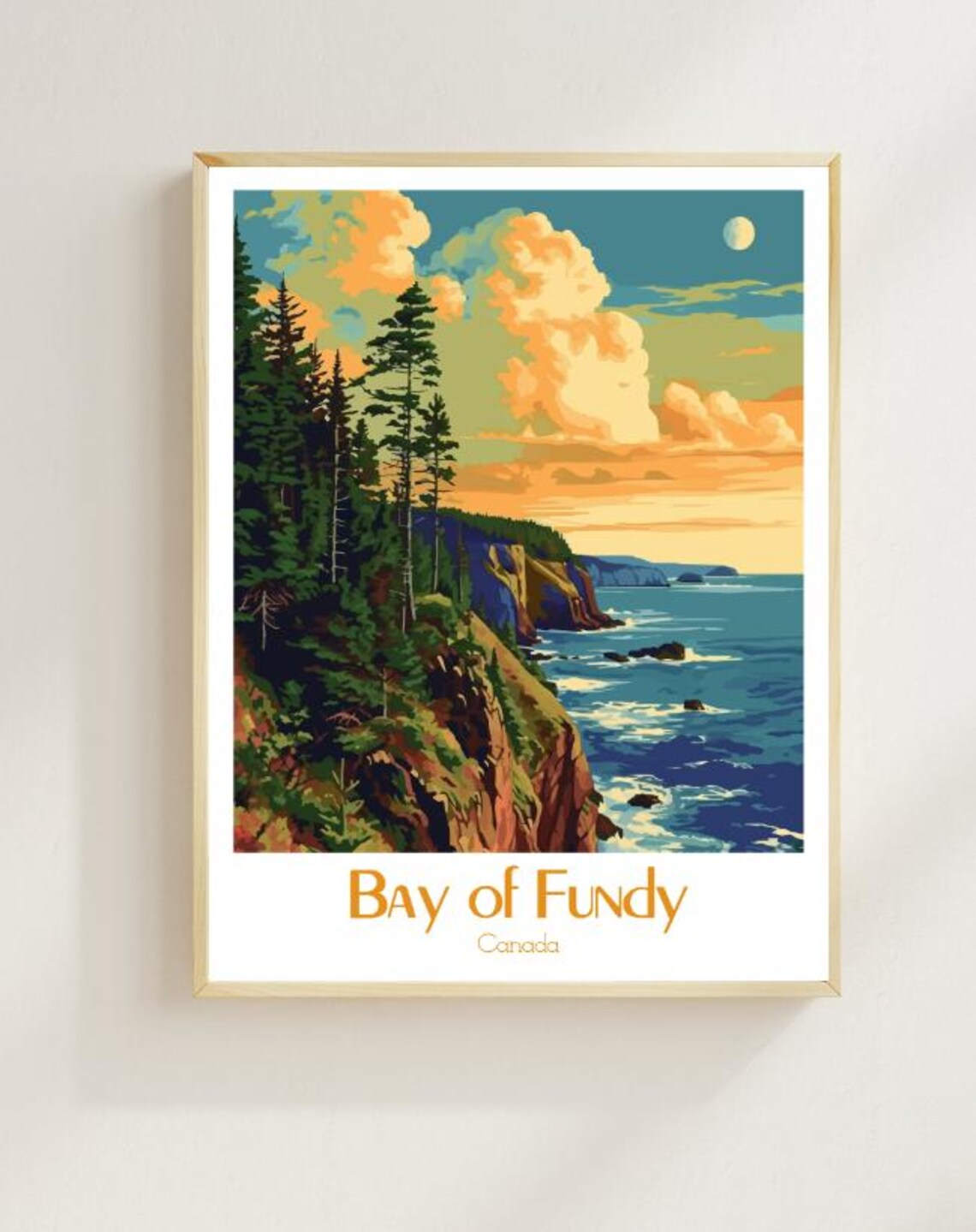 Bay of Fundy Canada Travel Poster Coastal Cliffs Pine Forest Seascape