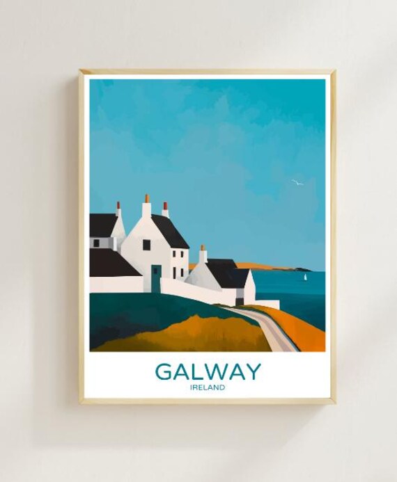 Galway Ireland Coastal Cottages Whitewashed Village Travel Poster