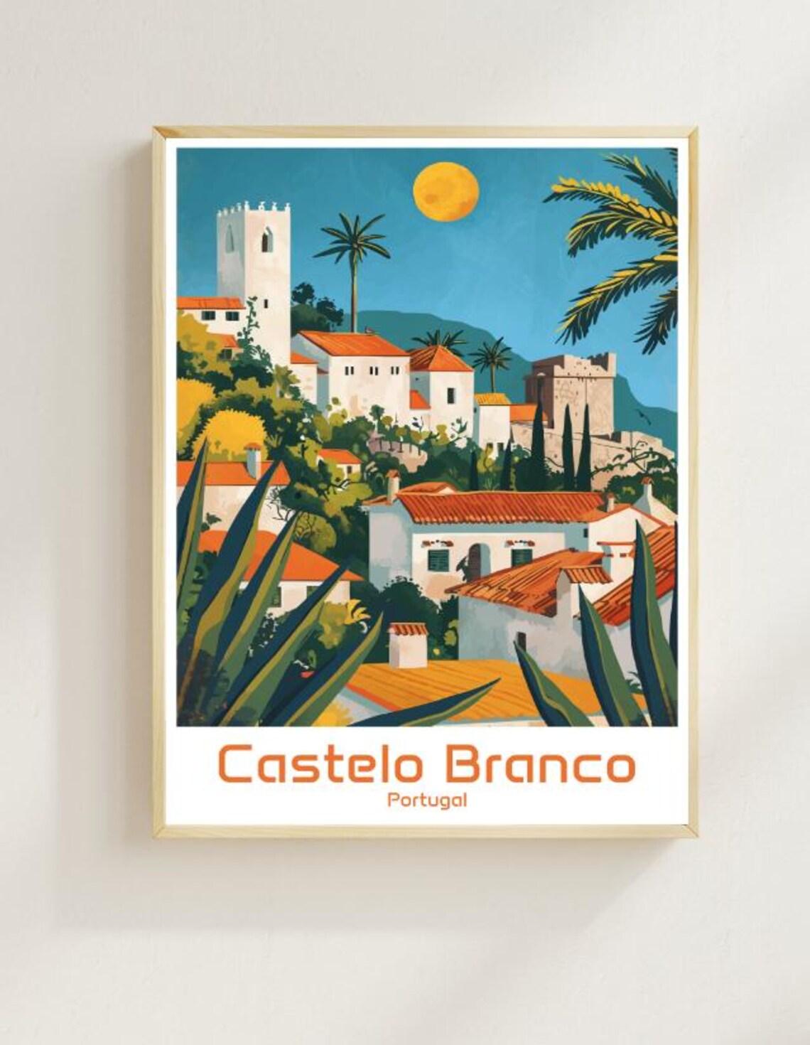 Castelo Branco Portugal Hilltop Old Town Vintage Travel Poster