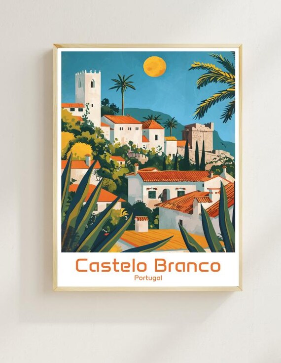 Castelo Branco Portugal Hilltop Old Town Vintage Travel Poster
