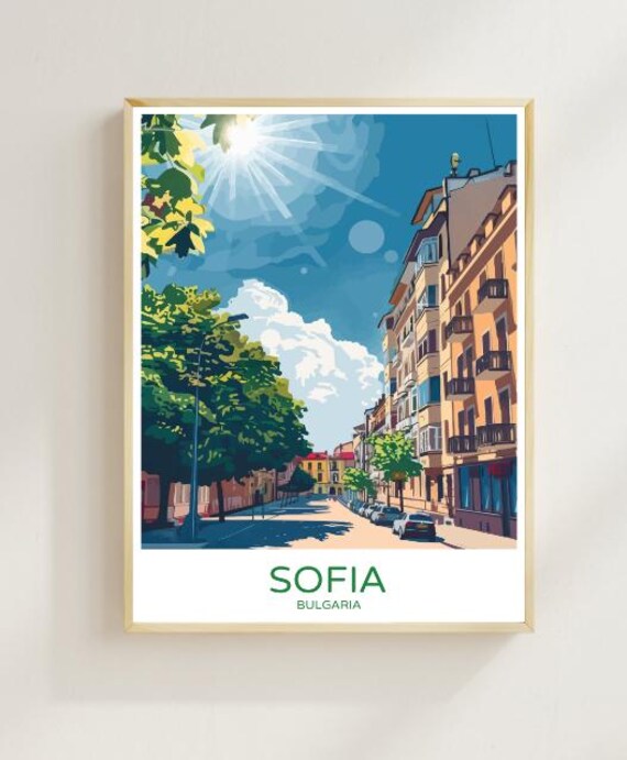 Sofia Bulgaria Travel Poster Sunny City Street Tree Lined View Decor