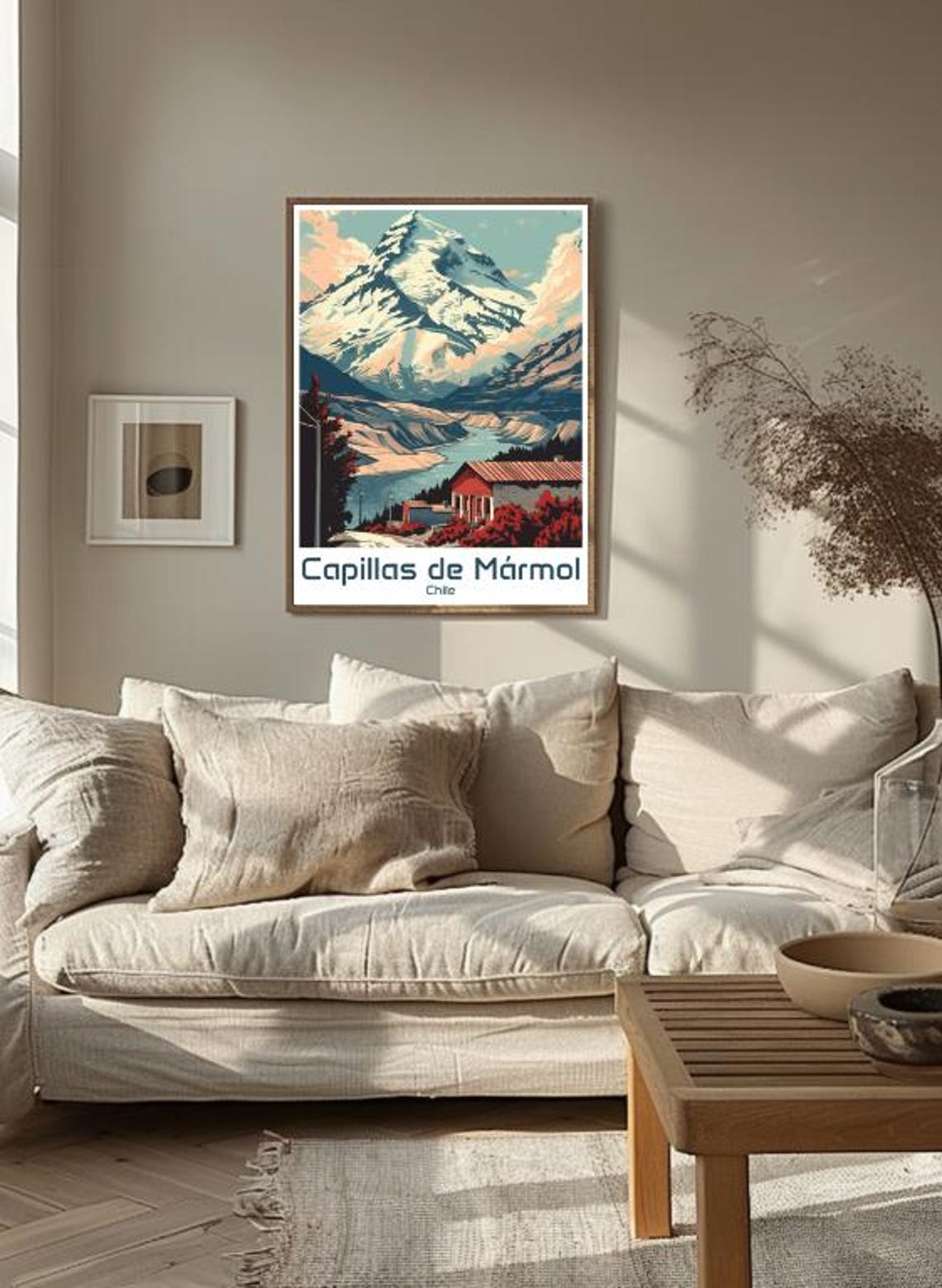 Capillas de Marmol Chile Snowy Peak Lakeside Cabins Scene Poster - Image 3