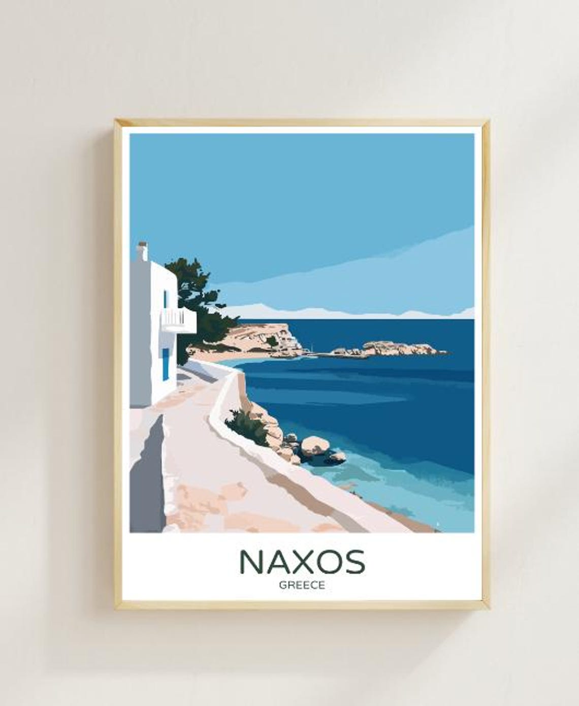 Naxos Greece Travel Poster With White Villa And Seaside Path Scene
