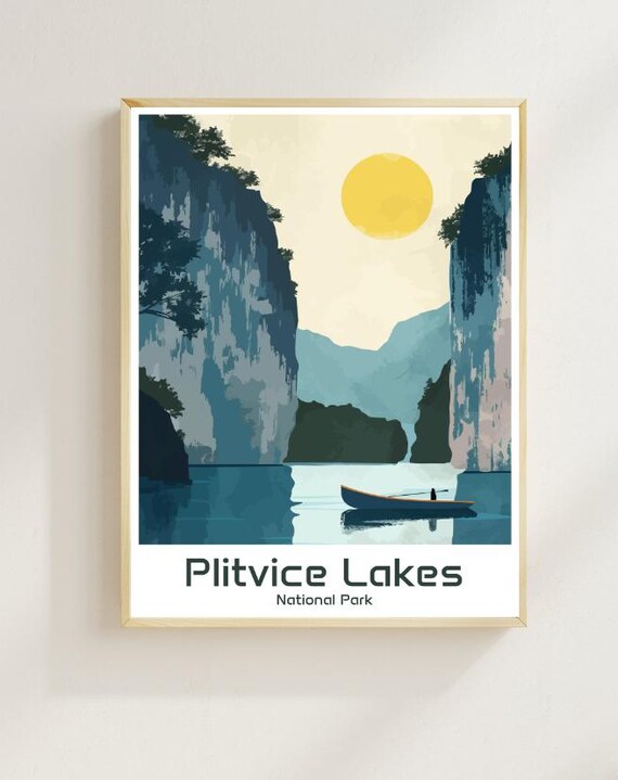 Plitvice Lakes National Park Canyon Rowboat Sun Vintage Poster