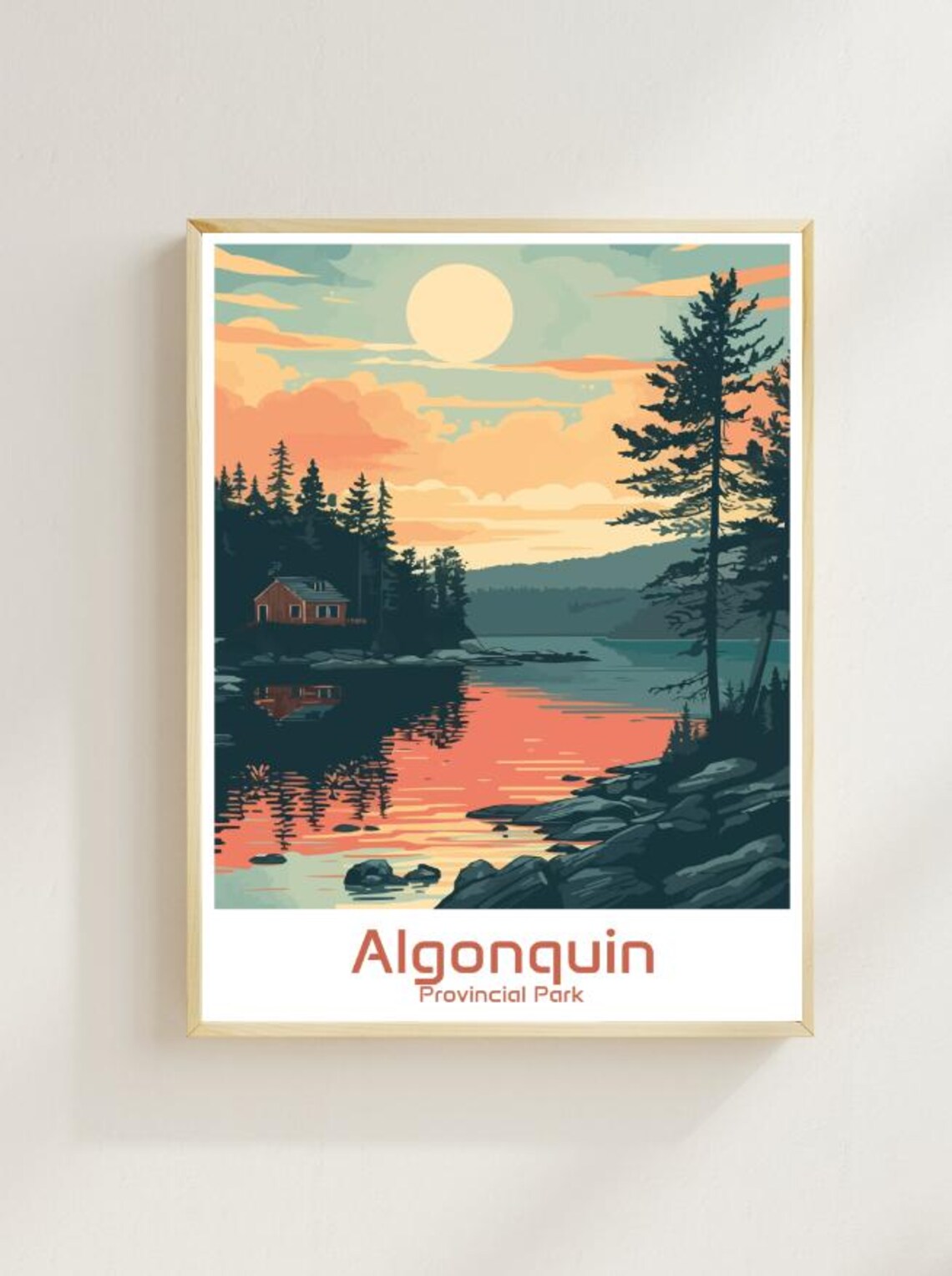 Algonquin Provincial Park Vintage Travel Poster Lake Cabin Sunset