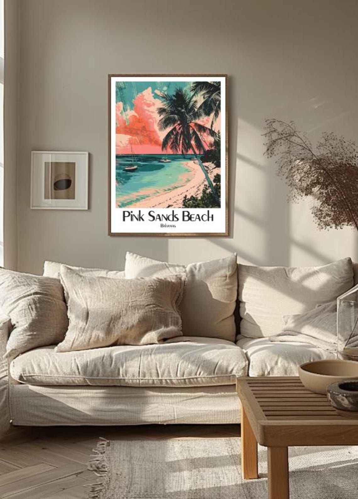 Pink Sands Beach Bahamas Palm Trees Sunset Sailboat Art Poster - Image 3