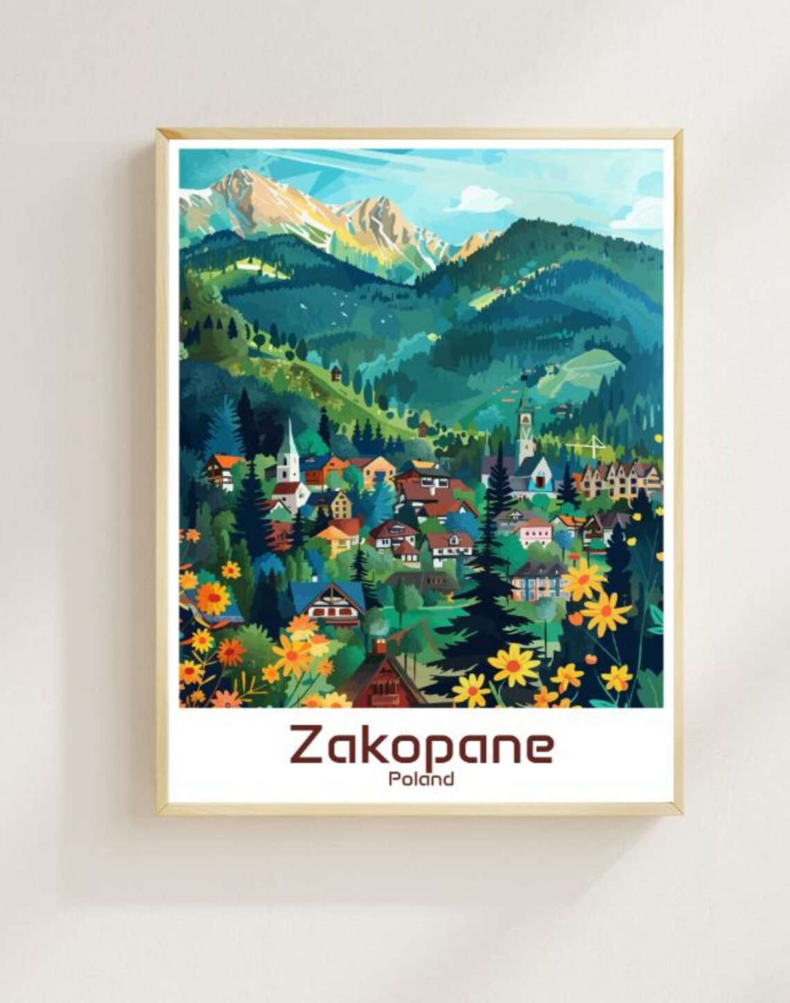Zakopane Poland Mountain Village Wildflowers Illustration Poster