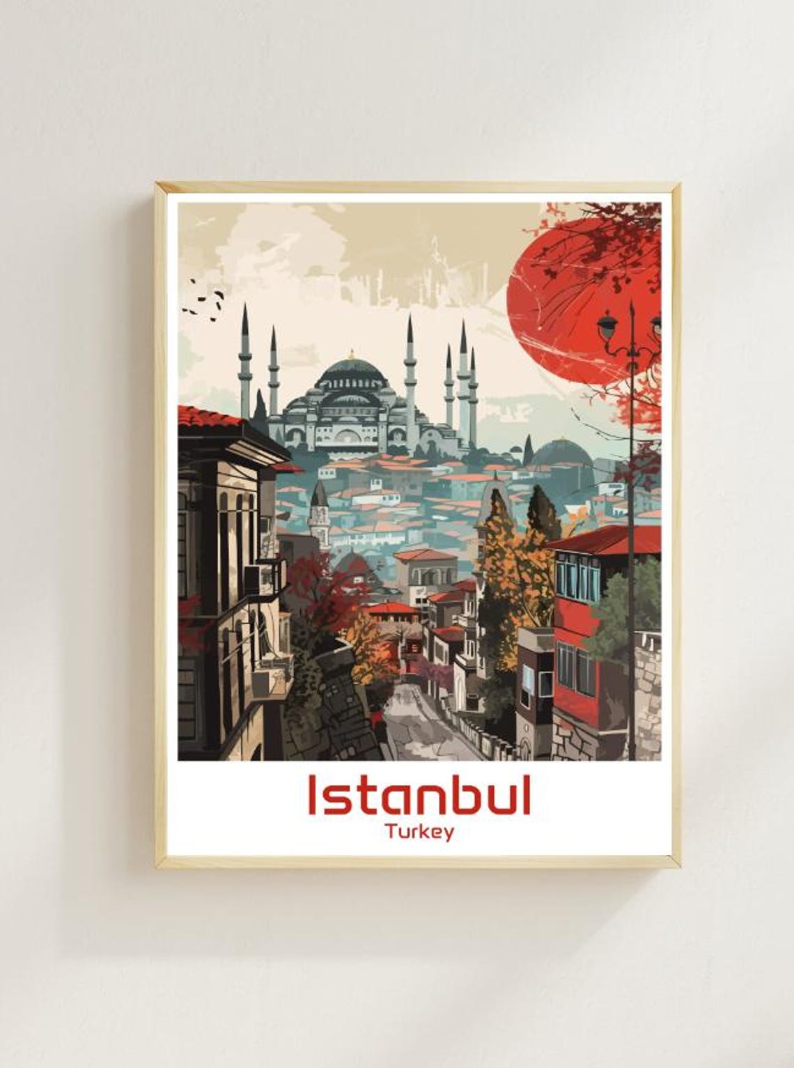 Istanbul Turkey Grand Mosque and Old Town under a Red Sun Poster