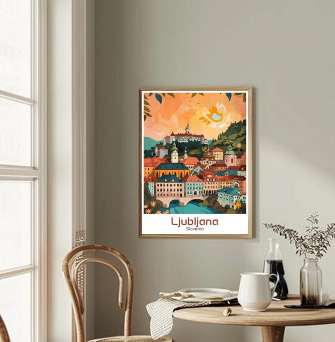 Ljubljana Slovenia Old Town Castle River Sunset Illustrated Poster - Image 2