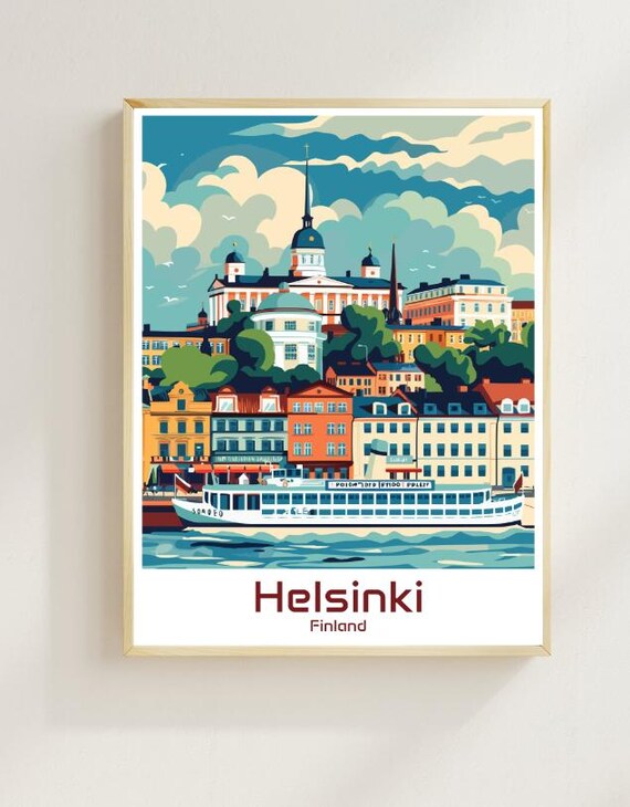 Helsinki Finland Harbor Ferry Vintage Style Illustrated Travel Poster