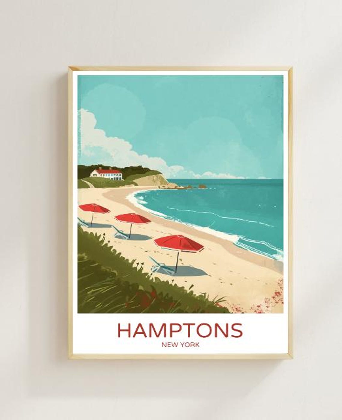 Hamptons New York Sandy Beach Red Umbrellas Coastal Travel Poster