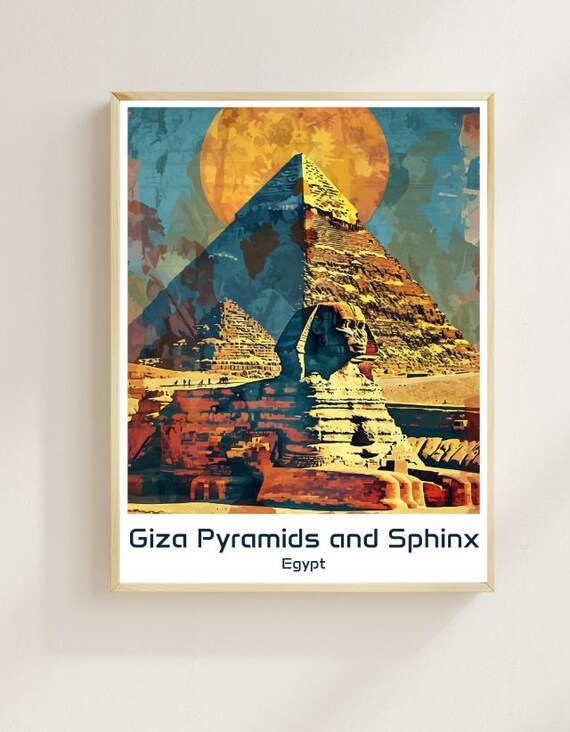 Giza Pyramids Travel Poster Sphinx And Ancient Egypt Wall Art Desert Landmark Print