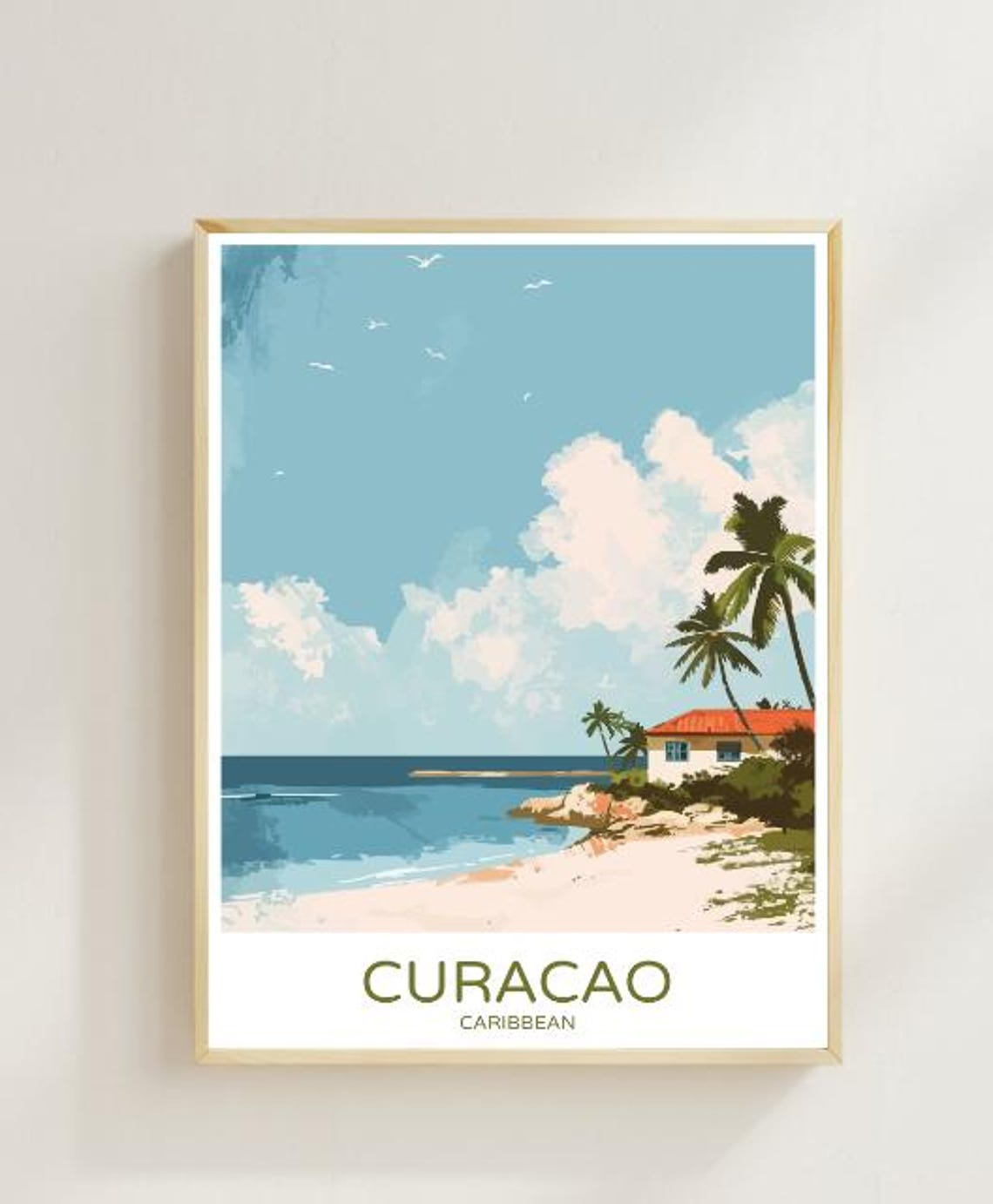 Curacao Caribbean Travel Poster With Palm Beach And Cottage View
