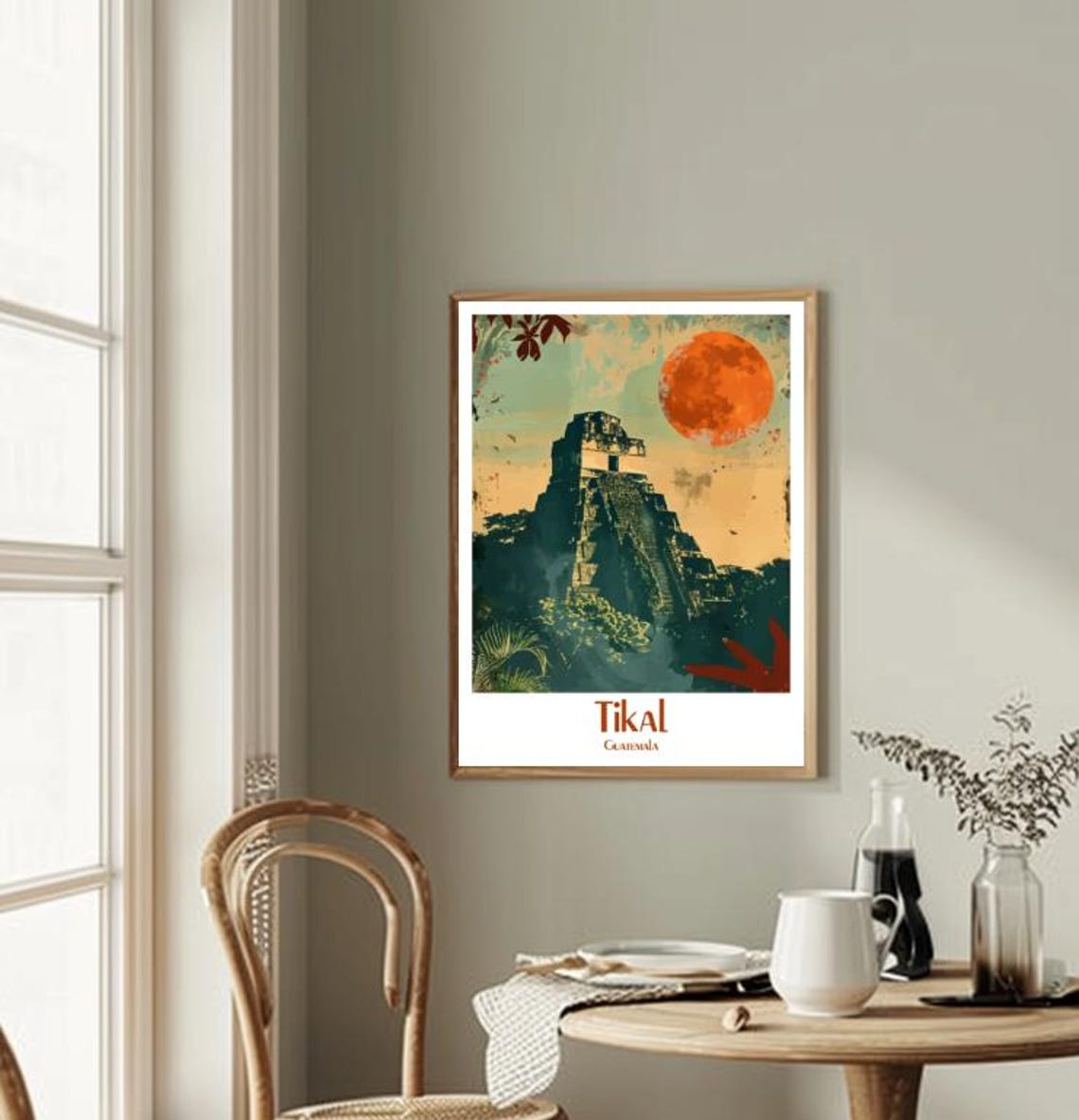 Tikal Guatemala Ancient Mayan Temple Pyramid Big Red Sun Poster - Image 2
