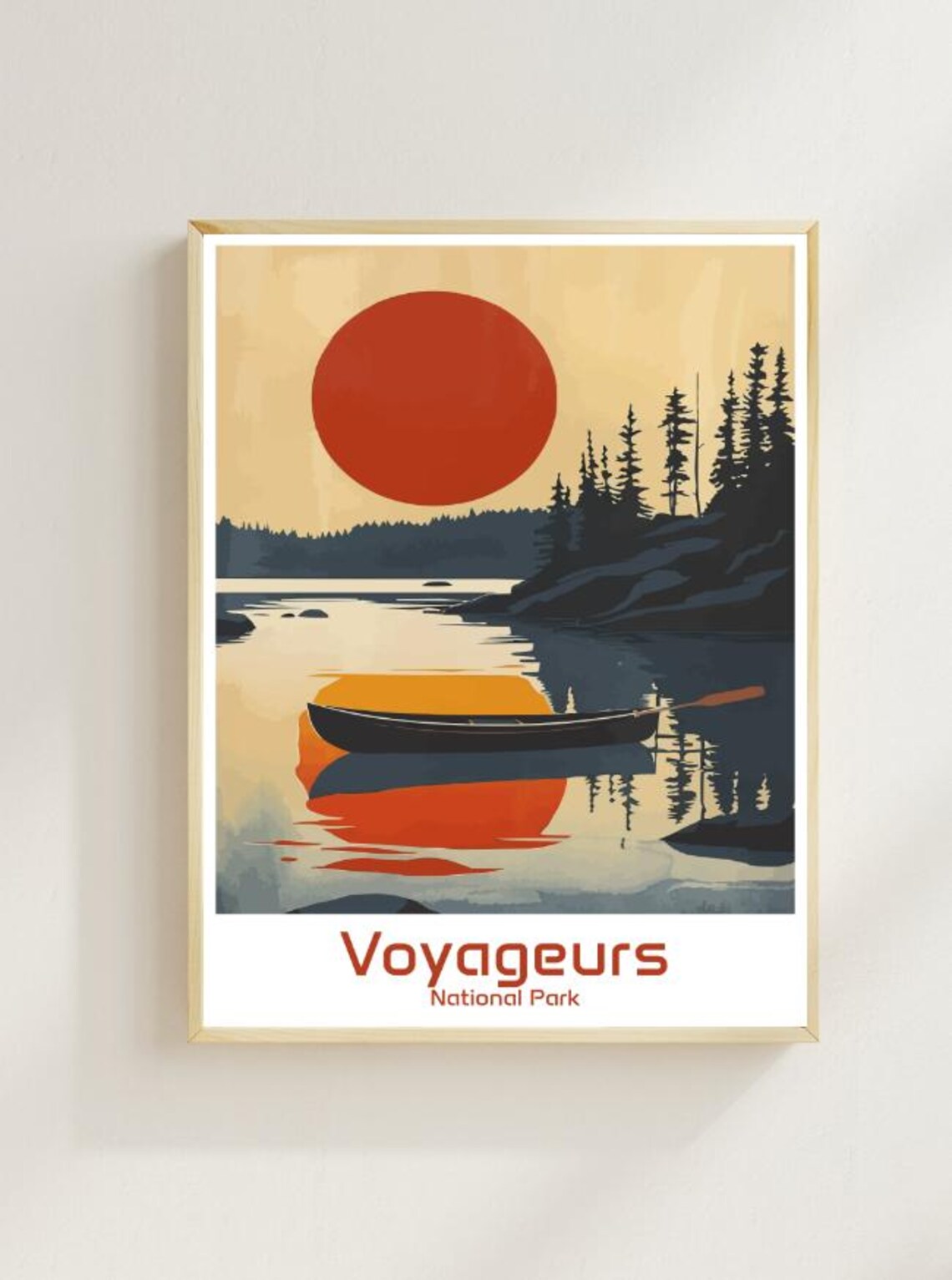 Voyageurs National Park Canoe Calm Lake Sunset Reflection Travel Poster