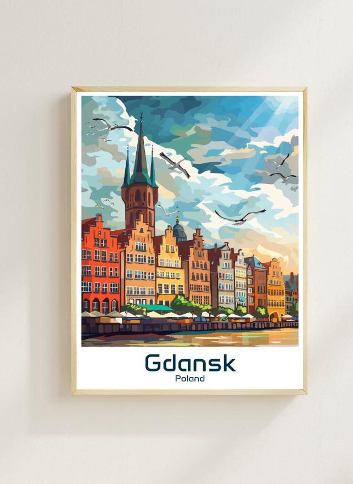 Gdansk Poland Old Town Waterfront Seagulls Illustration Poster