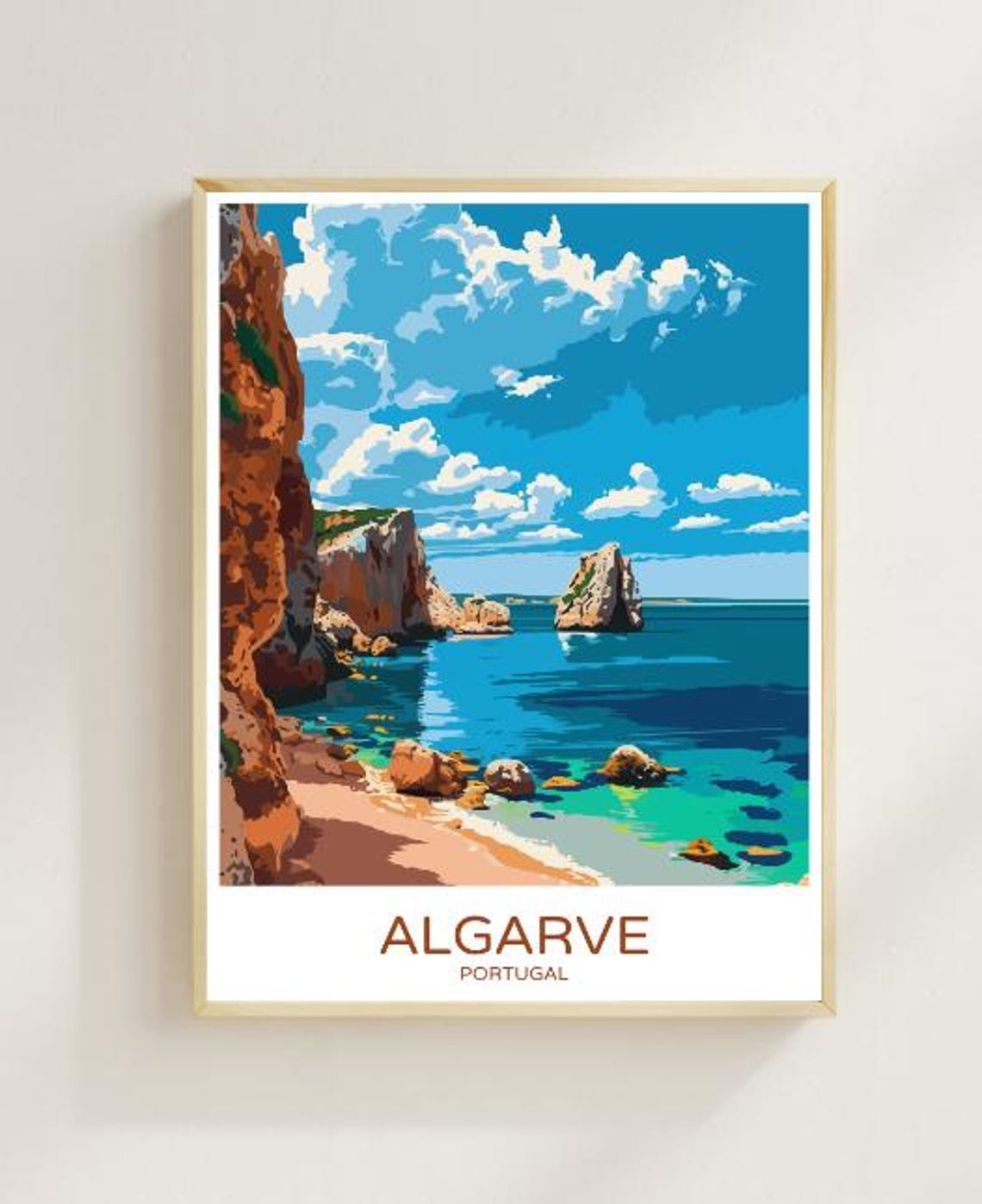 Algarve Portugal Golden Cliffs Hidden Cove Beach Vintage Travel Poster