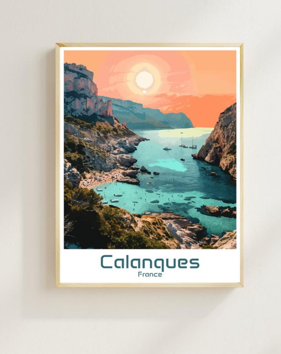 Calanques France Turquoise Cove Cliffs At Sunset Travel Poster