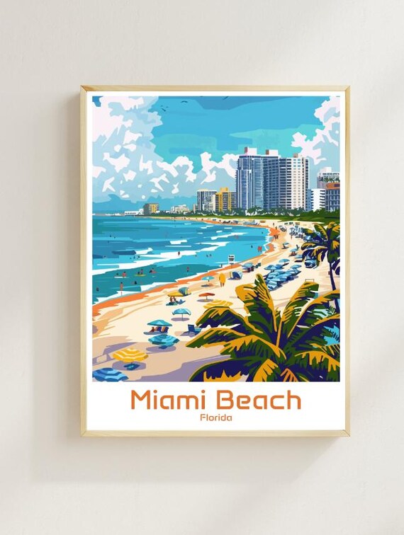 Miami Beach Sunlit Shoreline Palm Trees Florida Tropical Poster