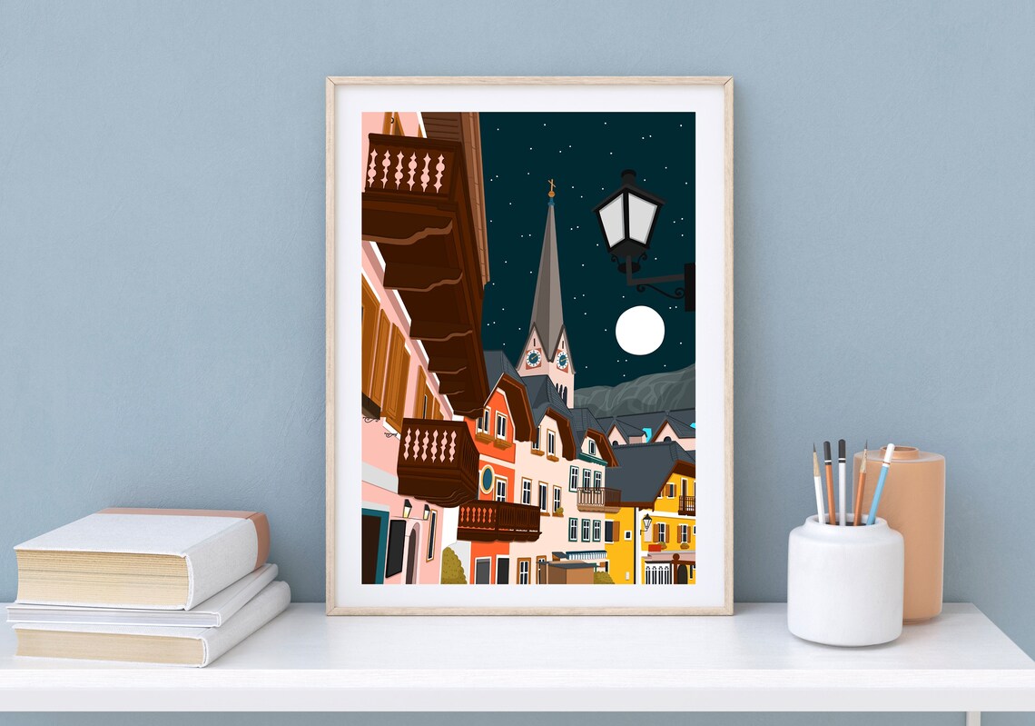 Hallstatt Austria Night Church Street Moonlit View Art Print - Image 2