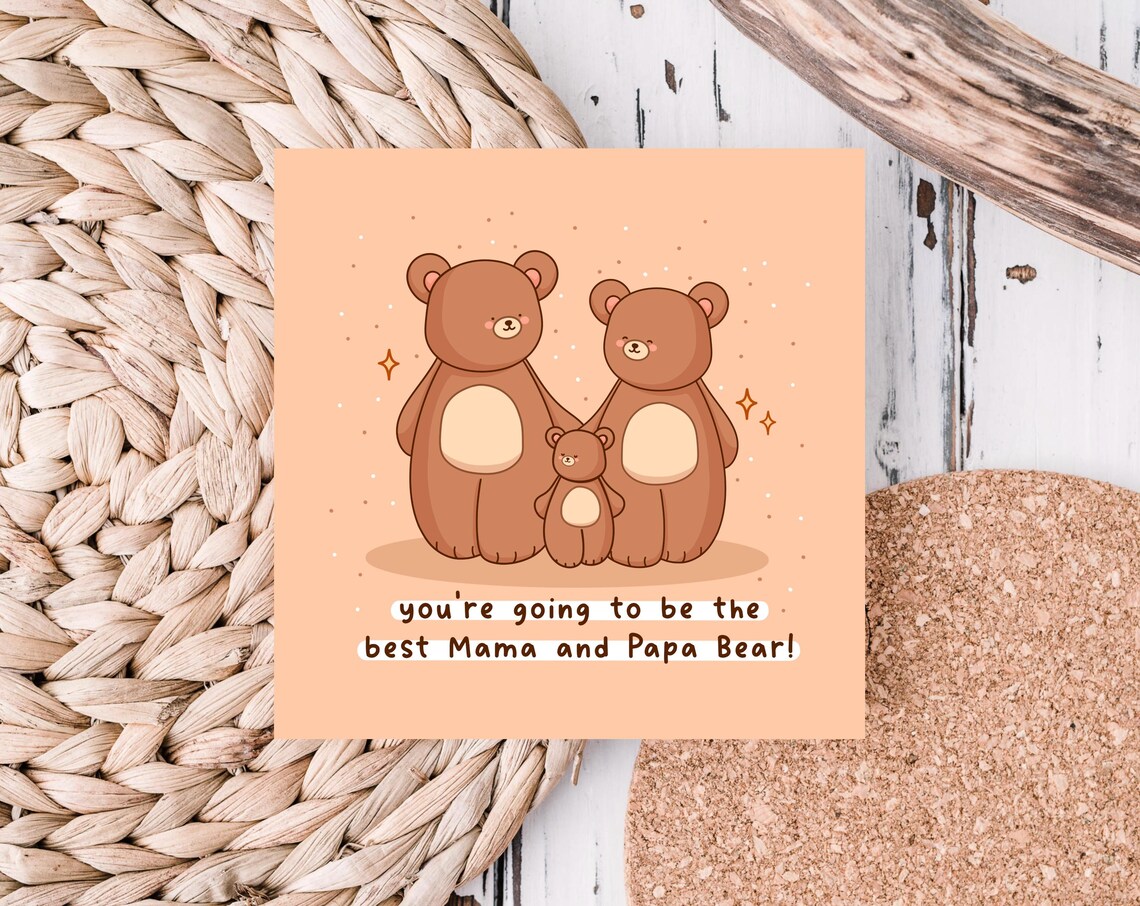 Sweet Bear Family Mama and Papa Bear New Baby Card Kawaii Print - Image 3