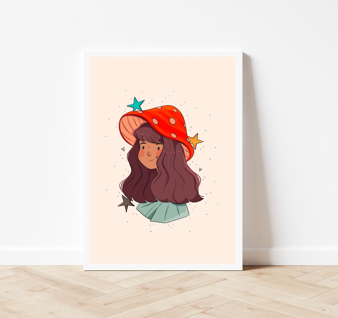 Mushroom Girl Cottagecore Art Print, Toadstool