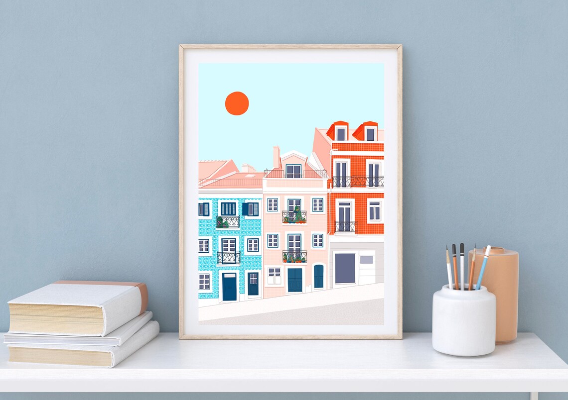 Lisbon Portugal Colourful Tiled Facade Buildings Travel Art Print - Image 2
