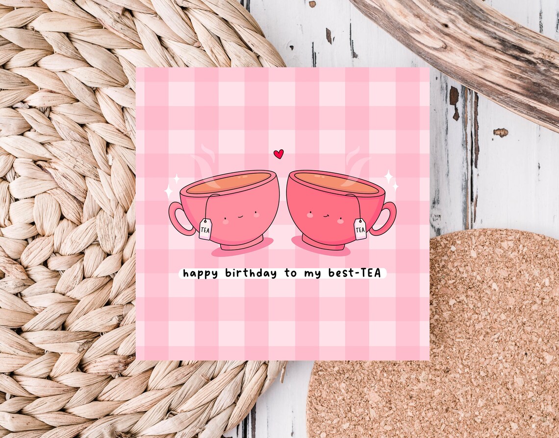 Kawaii Happy Birthday to My Best-TEA Pink Teacups Pun Art Print - Image 6