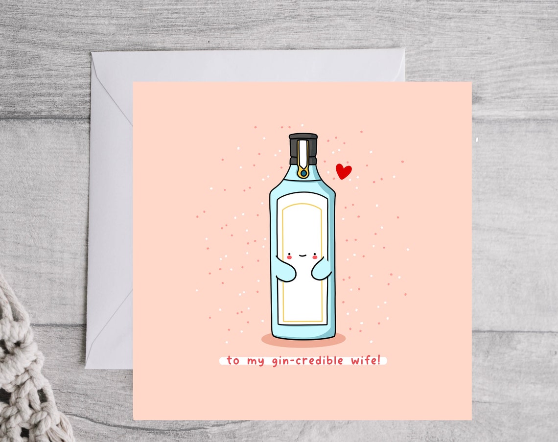 To My Gin-credible Wife Cute Smiling Gin Bottle Pun Card Poster - Image 2