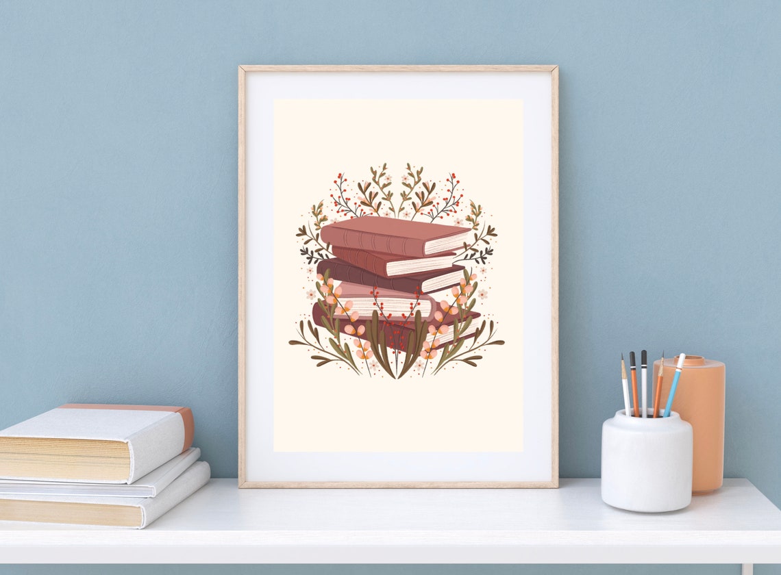 Stack of Vintage Books Botanical Floral Illustration Art Print - Image 2