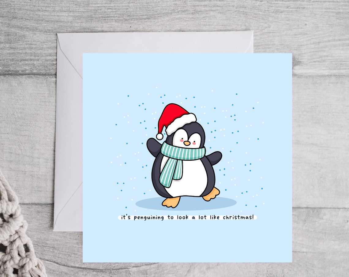 Penguin Santa Hat Its Penguining Christmas Pun Card Wall Art - Image 3