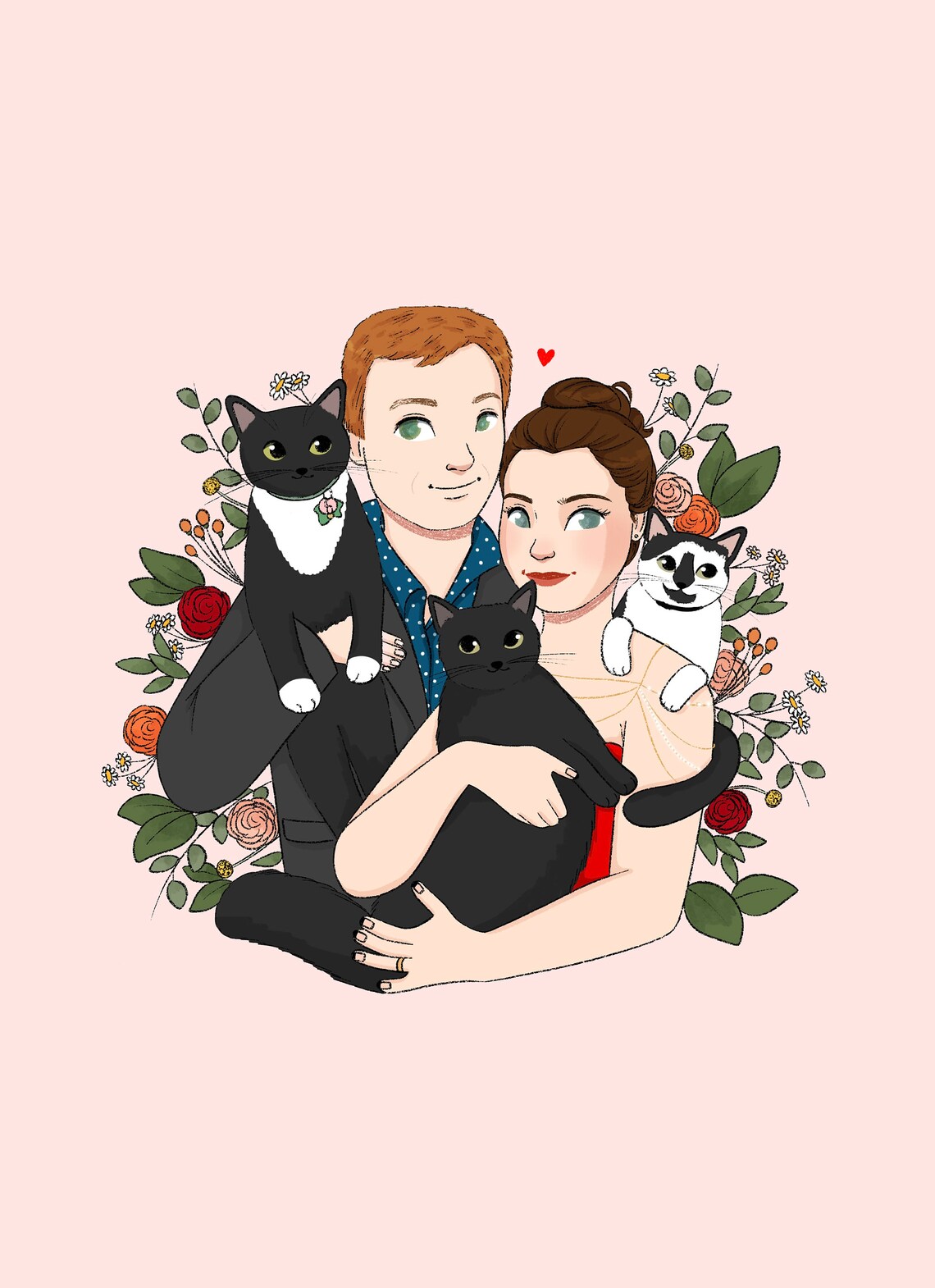 Couple Portrait With Pets Custom Family Portrait With Pets Couple Illustration Owner And Pet Portrait Floral Border Floral Background - Image 4