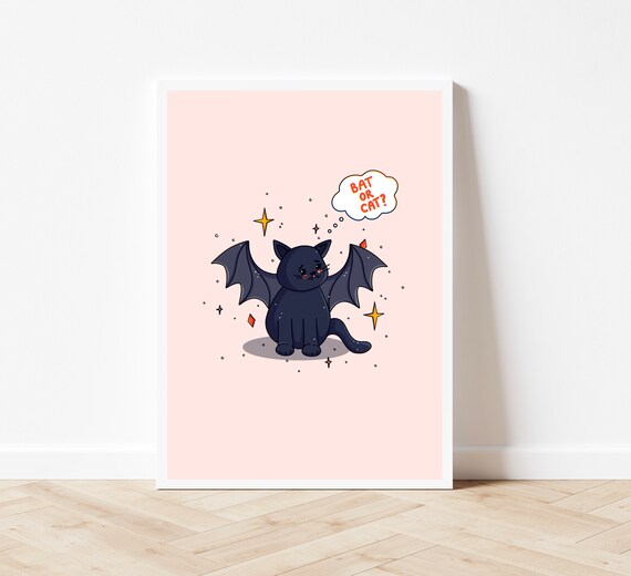Cute Halloween Kawaii Black Cat Bat Wings Bat Or Cat Art Print