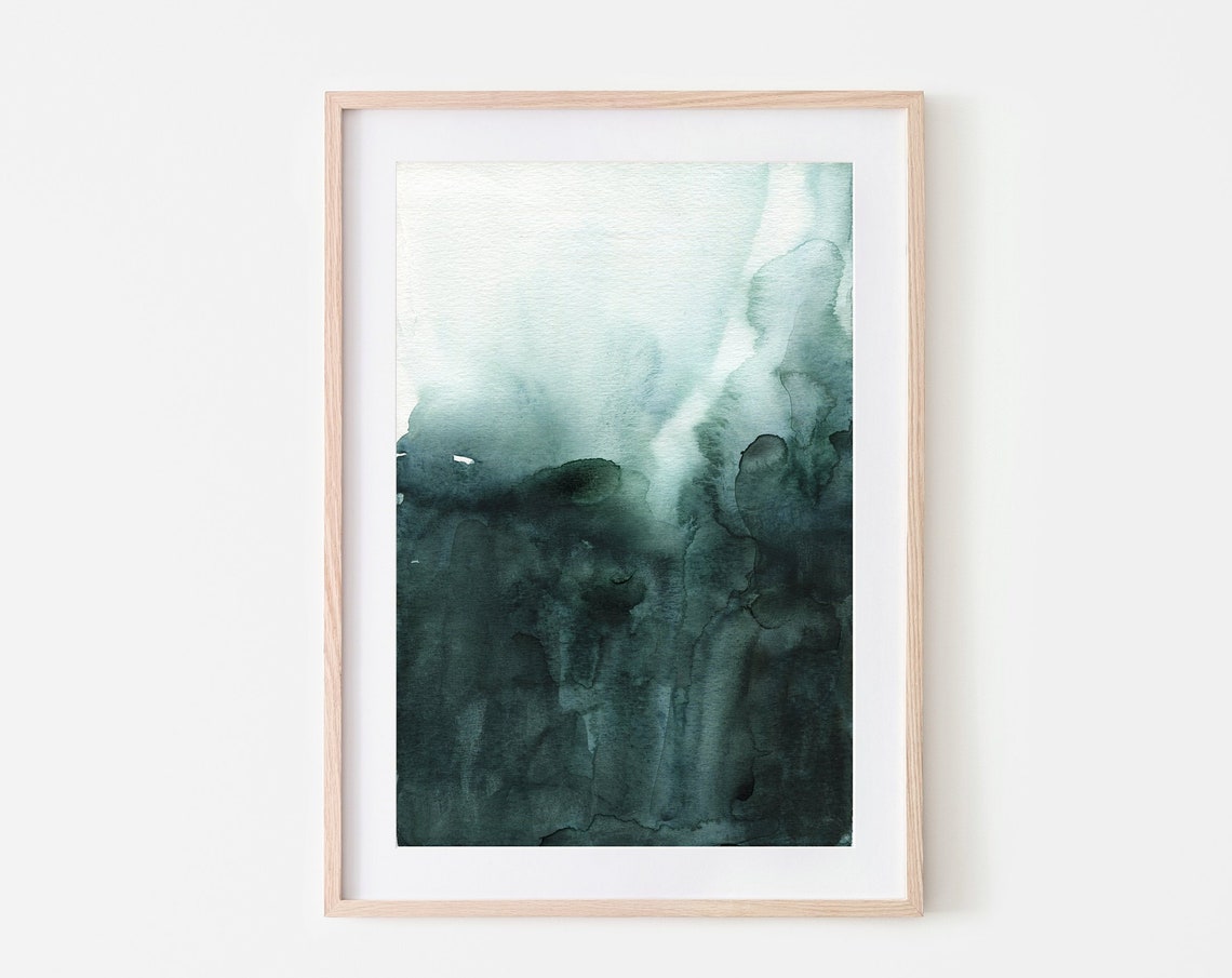 Dark Green Abstract Watercolor Misty Forest Texture Wall Art
