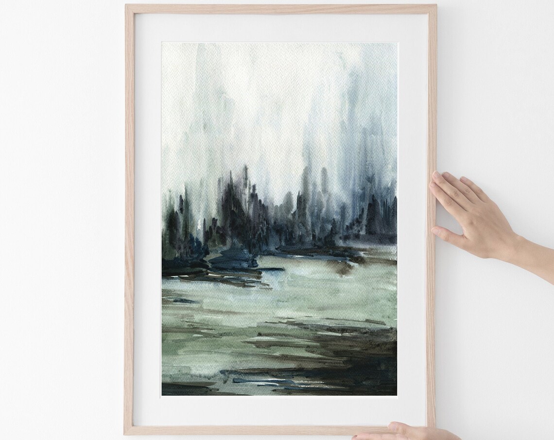 Misty Dark Forest Lake Watercolor Moody Evergreen Pines Print - Image 3