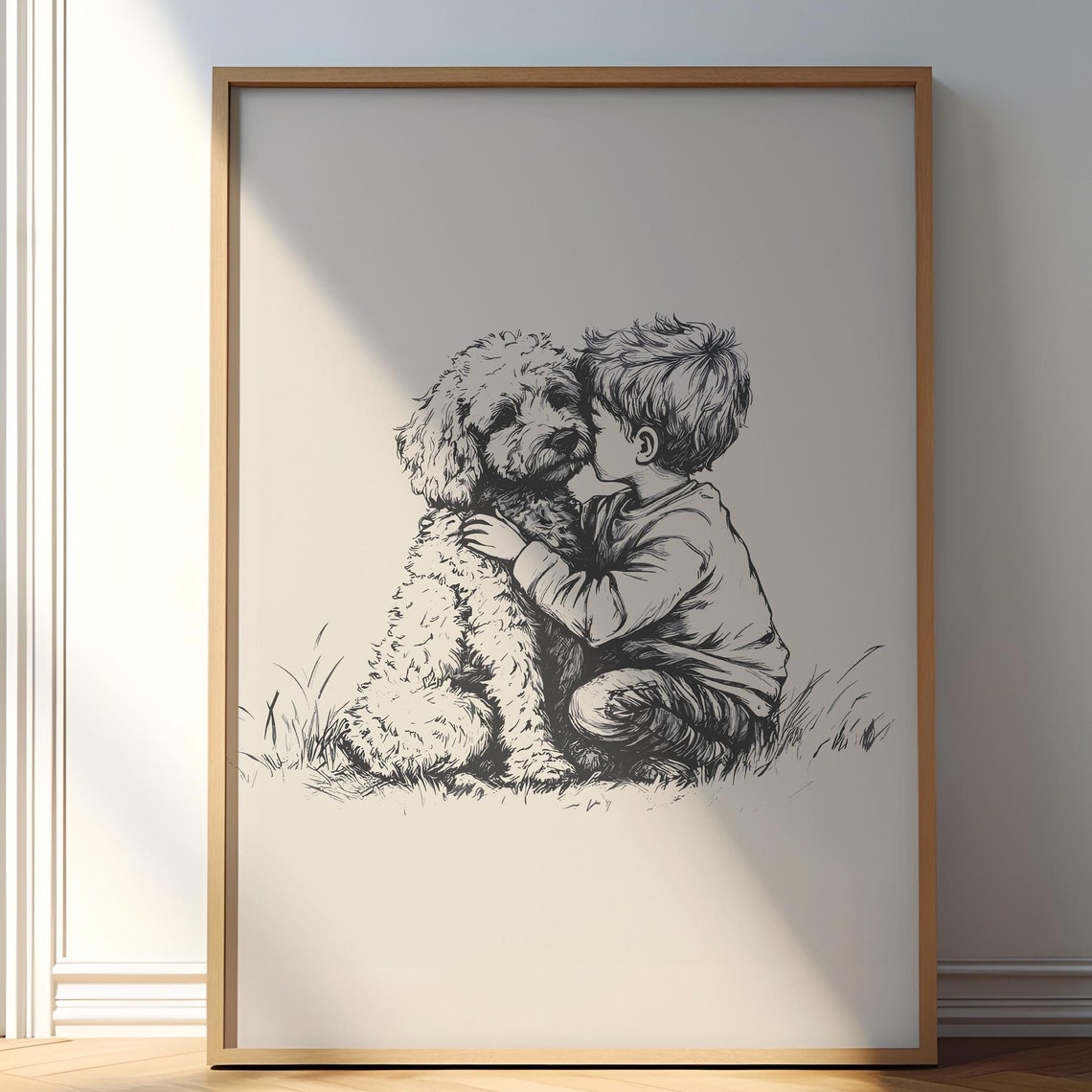 Boy And A Dog Art Goldendoodle Vintage Print Antique Vintage Illustration Farmhouse Wall Decor Country Wall Art Dog Drawing Dog Poster