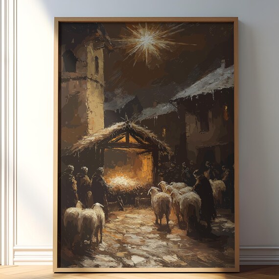 Starlit Nativity Night Scene Oil Painting Religious Art Poster