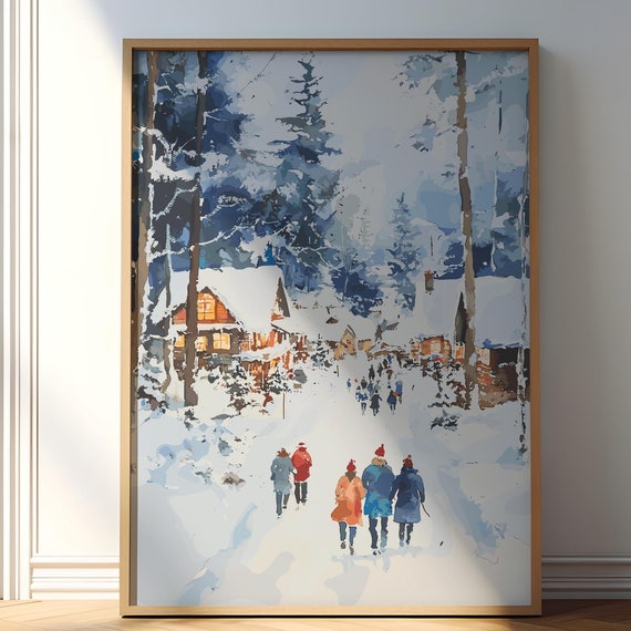 Xmas Painting Moody Christmas Drawing Blue Watercolor Art Vintage Poster Winter Holiday Print Farmhouse Decor Christmas Wall Art