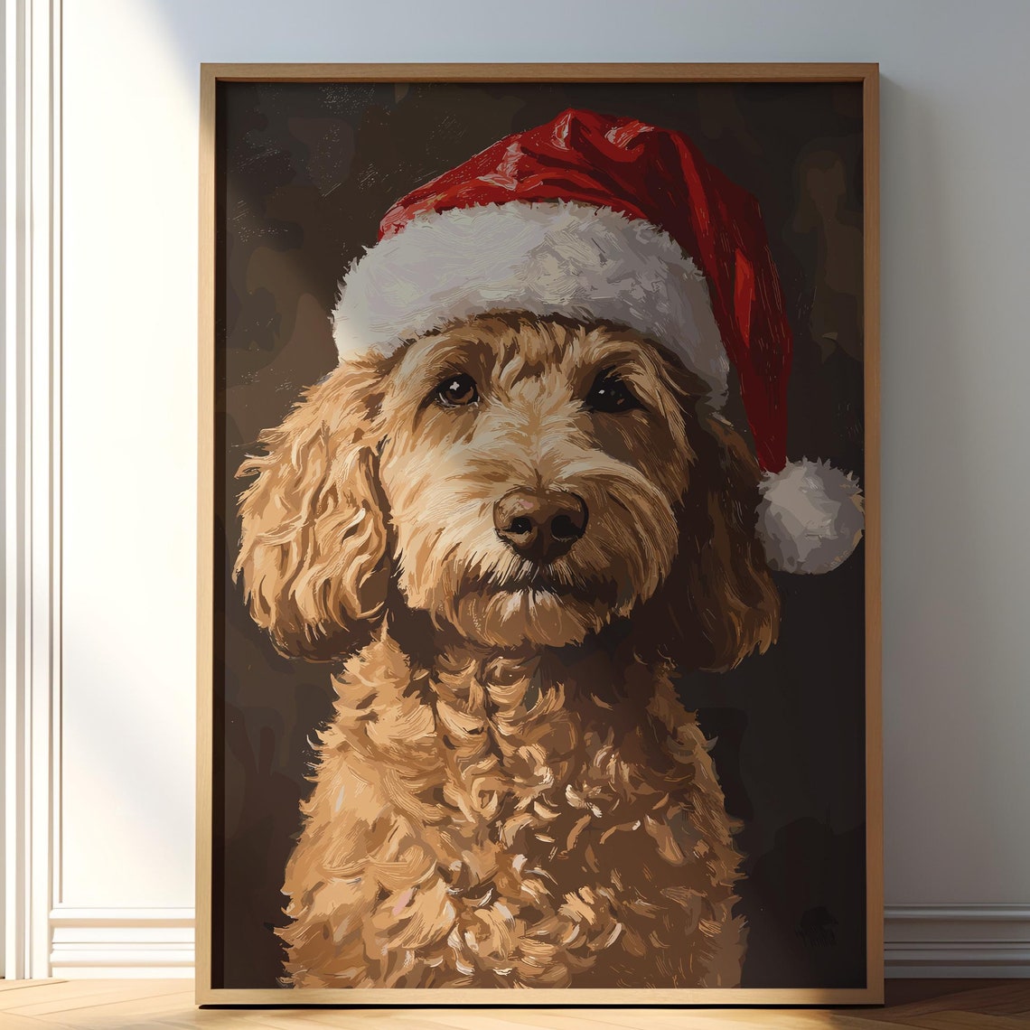 Christmas Pet Painting Goldendoodle Xmas Art Christmas Dog Decor Santa Dog Print Vintage Dog Art Goldendoodle Drawing Christmas Poster