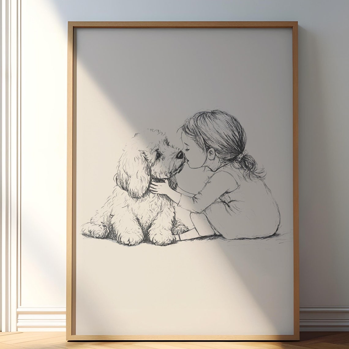 Girl And A Goldendoodle Poster Dog Vintage Print Antique Vintage Art Farmhouse Wall Decor Country Wall Art Dog Nursery Drawing