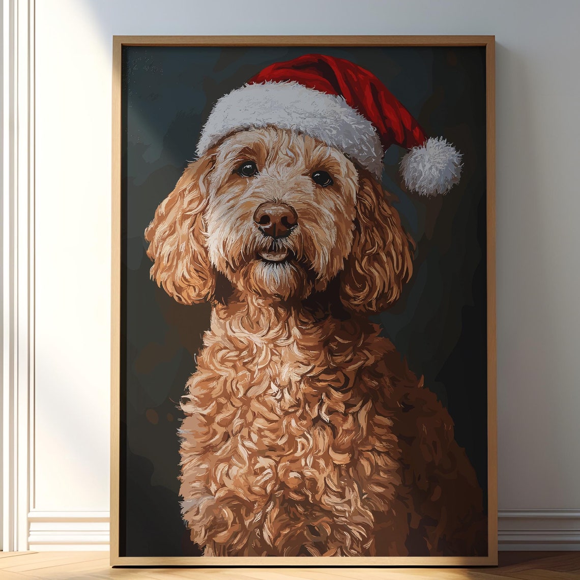 Goldendoodle Xmas Print Christmas Dog Wall Decor Santa Dog Print Vintage Dog Art Christmas Pet Goldendoodle Painting Christmas Poster