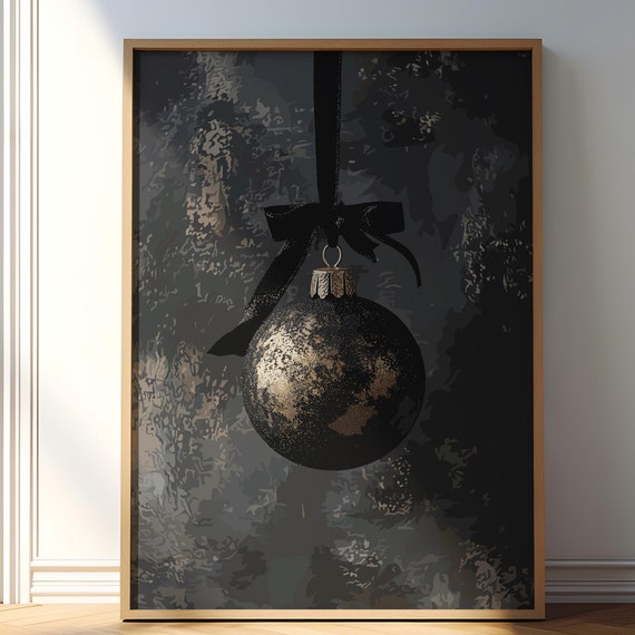 Gold And Black Christmas Ornament Moody Christmas Wall Art Xmas Poster Christmas Drawing Minimalist Christmas Decor