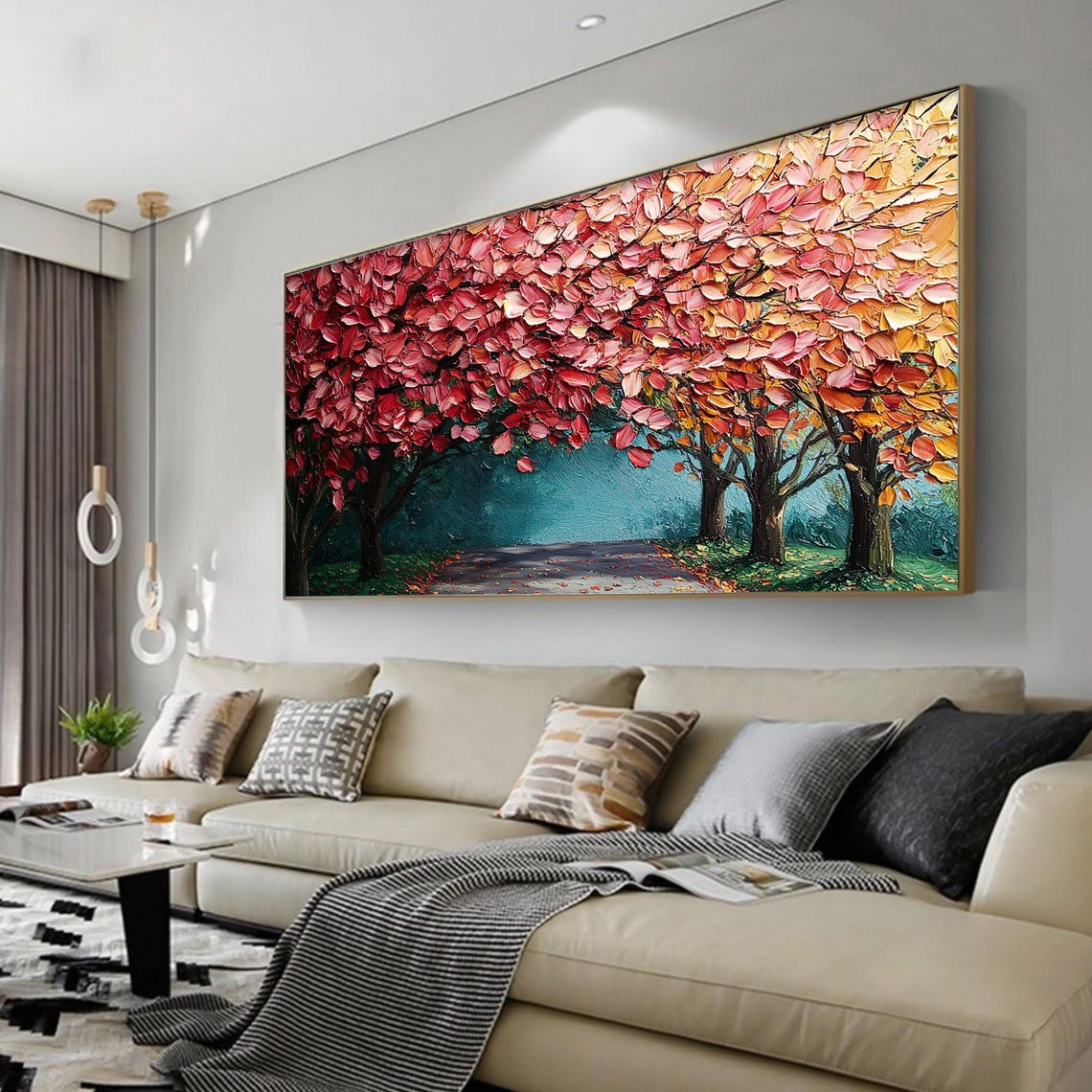 Red Autumn Tree Canopy Path Impasto Fall Landscape Art Poster - Image 5