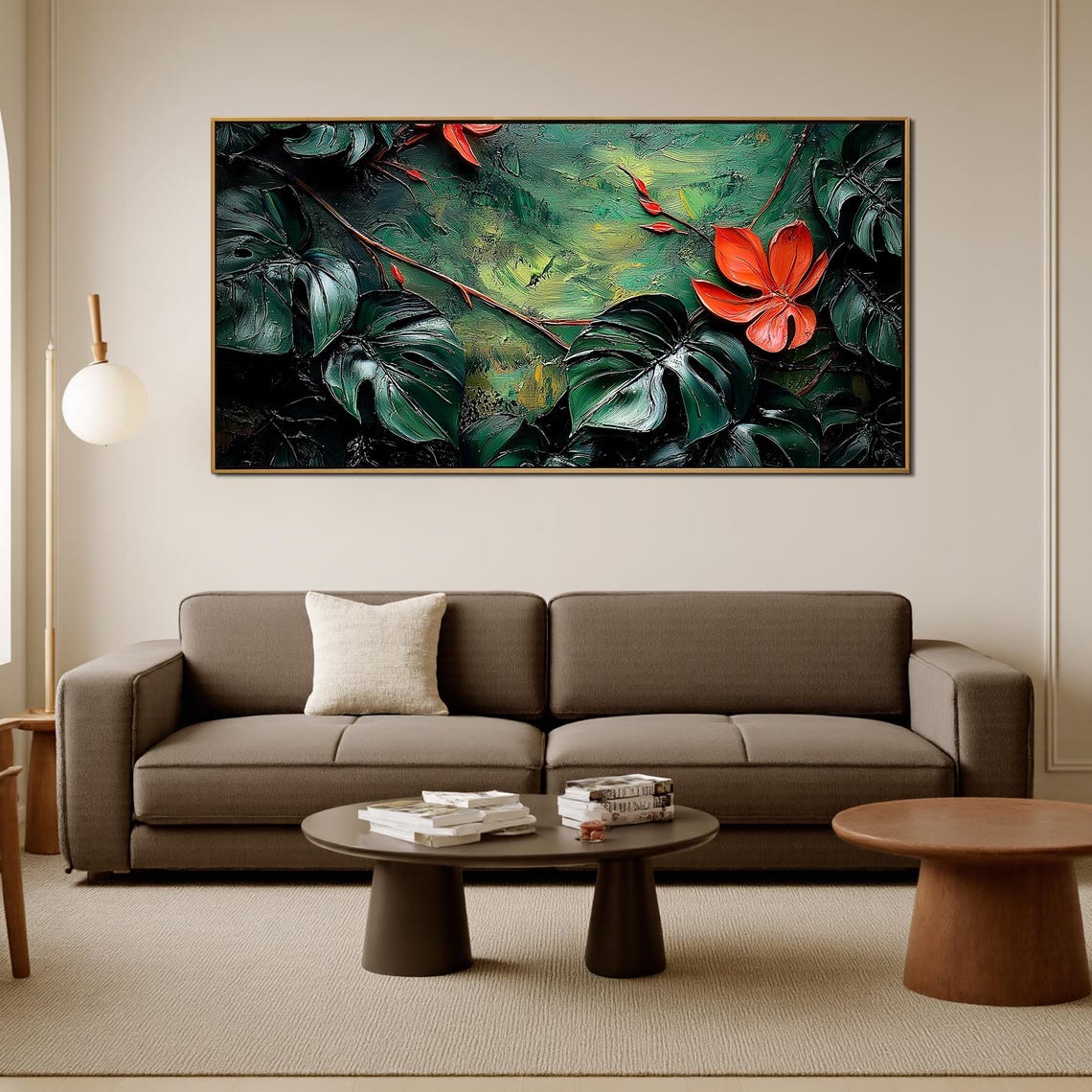 Dark Green Monstera Tropical Leaves Red Flower Impasto Wall Art Poster - Image 3