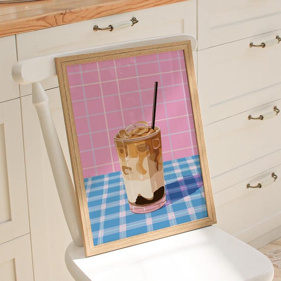 Modern Iced Latte Coffee Poster Retro Pink And Blue Bar Print Summer Drink Aesthetics